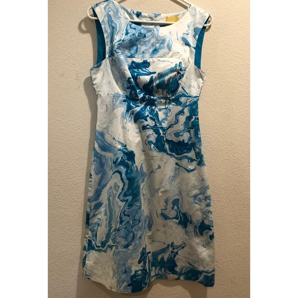 Maeve Anthropologie Blue White Marbled Waters Silk Blend Shift Dress Size 8